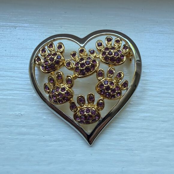 Unbranded Jewelry - Gold Tone Heart Paw Print Brooch Purple Rhinestone Dog Cat Lover Pin Gift